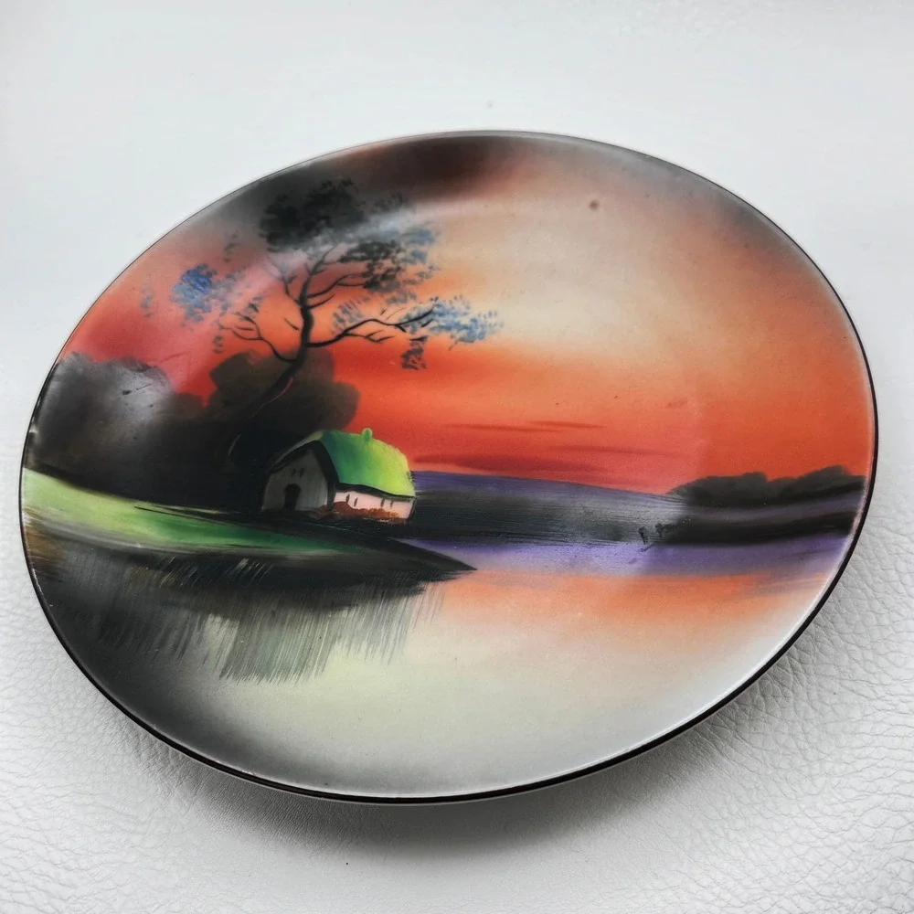 1920s Noritake Hand Painted Landscape Cottage Sunset Plate‎ M Wreath Mark 6.25